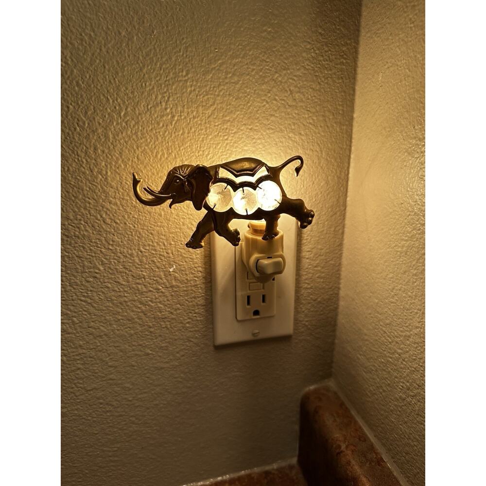 Mascot International Elephant Night Light Gold Tone Crystal Jewel Vintage 1980s